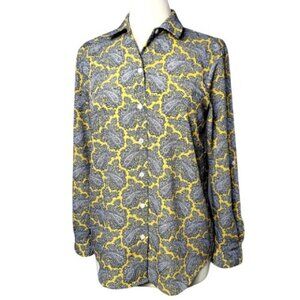 Michael Kors Womens Button-Up Shirt S Blue Yellow Paisley Cottage Preppy Office